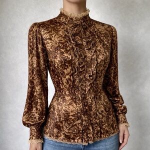 Vintage 100% Liquid Silk Victorian Blouse Romantic Ruffle Top Lace Trim Size 12